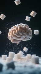 Poster - Sugar cubes float around a brain model, showing sugar's impact on health and cognition, highlighting the dangers of excessive sugar intake