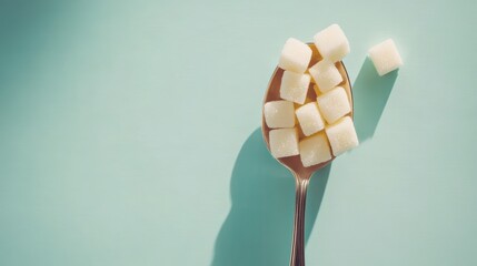 Poster - Elegant vintage spoon is holding refined sugar cubes, casting a shadow on a light green surface, symbolizing sugar consumption, health, and dietary choices