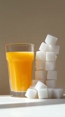 Aufkleber - Glass of orange juice stands next to a precarious stack of sugar cubes, symbolizing the hidden sugars in seemingly healthy beverages and promoting awareness of sugar consumption