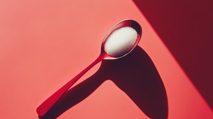 Poster - Red spoon holding white granulated sugar crystals on vibrant red background casting a strong shadow, symbolizing excessive sugar intake and its potential health risks