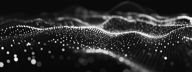 Poster - Abstract representation of illuminated particles forming waves with depth in black and white showcasing a digital landscape