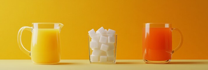Poster - Glass pitcher of orange juice, glass of sugar cubes, and mug of low sugar orange drink on yellow background, promoting sugar reduction and healthy choices