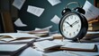 © Oldcorporal - Retro alarm clock amidst flying papers: time and chaos in study or office setting
