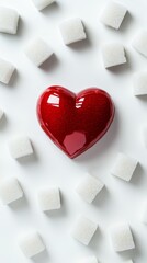 Poster - Sugar cubes surrounding a red heart, highlighting sugar's impact on heart health and promoting a low sugar lifestyle