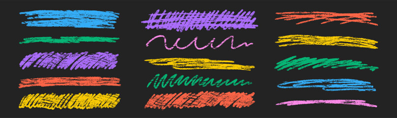 Aufkleber - Set of chalk underline lines and texture emphasis. Multicolor crayon scribbles on a black background. Handwriting vector illustration.