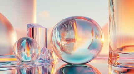 Poster - reflections of colorful light through glass spheres and prisms on a surface during sunset