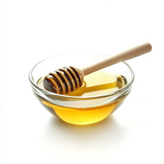 A small glass bowl of honey with a wooden dipper, isolated on a white background, emphasizing a sweet natural ingredient