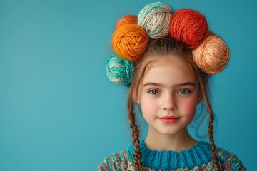 Wall Mural - Smiling girl wearing colorful balls of yarn as a crown. Copy space for text