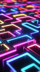 Poster - Colorful neon maze design illuminated at night showcasing intricate patterns and bright glowing edges
