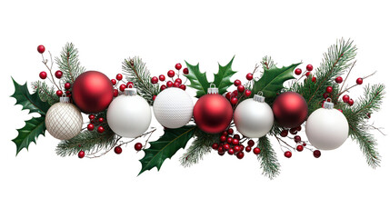 Poster - White Background with Christmas Ornaments and Greenery, Holly, Berries, and Pine Branches Framing the Scene