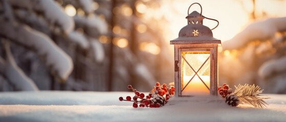 Wall Mural - a lit lantern glows warmly in the snow, surrounded by a pine branch, red berries, and pine cones, pe