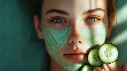 Beautiful young woman with facial mask on her face holding slices of cucumber. Skin care and treatment, spa, natural beauty and cosmetology concept.