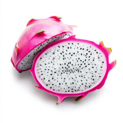 A fresh dragon fruit cut in half, isolated on a white background, highlighting the vibrant pink skin and white flesh with black seeds