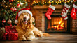 © RaeLi - A Golden Retriever sitting in the living room of the house, surrounded by an aromatic Christmas atmosphere, with a Santa hat on, a lovely image of a pet eagerly awaiting Christmas.