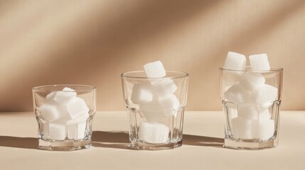 Poster - Three glasses with more sugar cubes show the need to cut back on sugar, promoting healthier lifestyles and warning against overconsumption