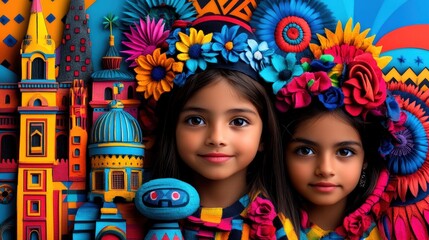 This image showcases two girls wearing elaborate flower crowns, posing against a backdrop of colorful, intricately designed architectural and floral elements.