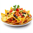 © Volodymyr - A plate of cheesy nachos with toppings, isolated on a white background, emphasizing a snack