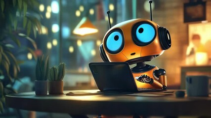 Cute robot working at a laptop. The concept of artificial intelligence and online assistant. Modern technologies of the future. AI chatbots.