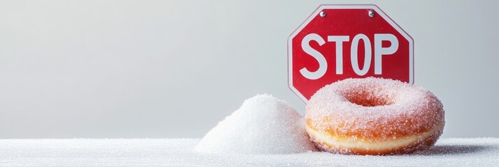 Poster - Conceptual image representing sugar reduction and the dangers of sugar, featuring a stop sign, a sugared donut, and a pile of granulated white sugar on a table