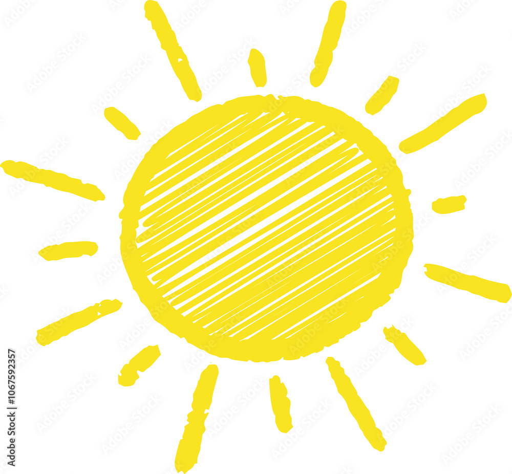 Crayon kids summer drawing. Pastel sun illustration. Chalk and colored pencil hand drawn