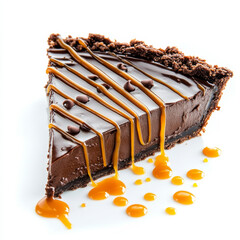 A slice of chocolate pie with a drizzle of caramel, isolated on a white background, highlighting a decadent dessert