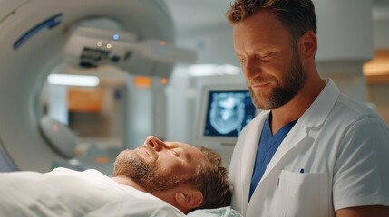 An attentive doctor stands beside a patient on a hospital bed within the imaging department, showcasing a healthcare environment with advanced technology equipment.