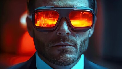 Poster - Close-up of a man wearing augmented reality glasses with a digital red display, depicting technology, futurism, and innovation