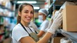 © Lens Legacy - A smiling warehouse worker organizes shelves while wearing gloves, typifying a positive work environment and dedication to maintaining product order and accessibility.