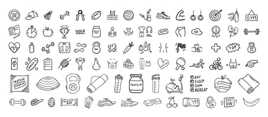 Fitness, sport and health icons doodle hand drawn set. Healthy lifestyle isolated symbols