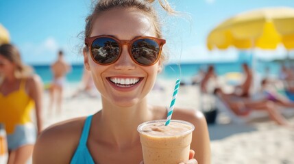 Wall Mural - A joyful woman, wearing sunglasses and a tank top, holding a smoothie on a beach, embodies summer vibes, relaxation, and the joys of a sunny holiday setting.