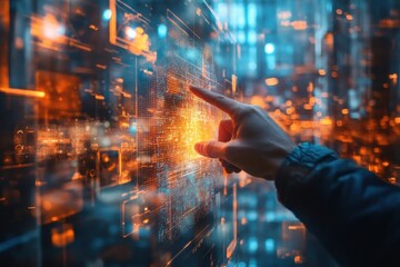 Poster - A hand interacts with digital data visualizations in a futuristic technology environment