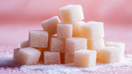 Poster - Granulated sugar cubes forming a pyramid on a pink surface, symbolizing excessive sugar intake and the need for sugar reduction in a healthy lifestyle