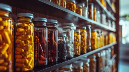 Wall Mural - Shelf with glass jars filled with colorful capsules