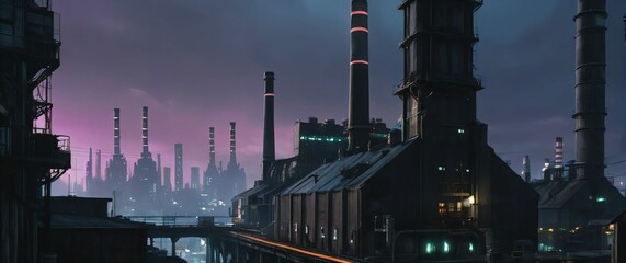 Cyberpunk industrial district with towering chimneys and neon