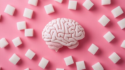 Poster - Anatomical brain model placed on pink surface surrounded by sugar cubes illustrating the effects of sugar consumption on cognitive function, memory, and overall brain health
