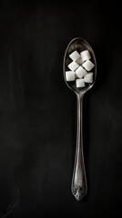 Poster - Antique spoon containing sugar cubes rests on a dark backdrop, creating a stark contrast and symbolizing sugar consumption, reduction, and the dangers of excessive intake