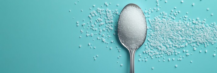 Poster - Granulated sugar spills from a spoon onto a pastel blue backdrop, highlighting sugar consumption and alternatives