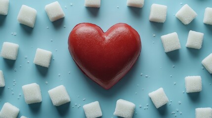 Poster - White sugar cubes encircle a vibrant red heart symbolizing the impact of sugar consumption on cardiovascular health and promoting awareness of sugar reduction for a healthier lifestyle