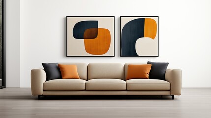 Wall Mural - Modern Beige Sofa with Bold Abstract Wall Art Decor. Perfect for contemporary living spaces, showcasing comfort and sophisticated interior design.