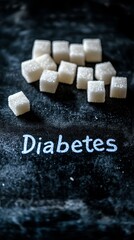 Poster - White sugar cubes are scattered on a dark surface with the word diabetes written in sugar, creating a visual representation of the health risks associated with excessive sugar consumption