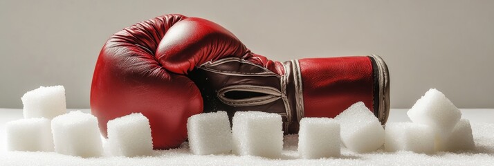 Poster - Boxing glove fighting against sugar cubes, reducing sugar intake for healthier lifestyle