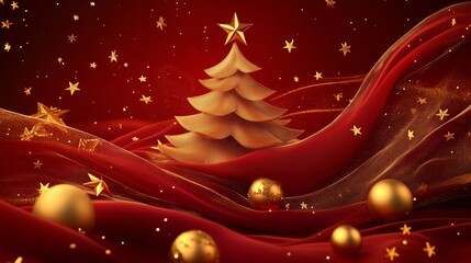 Wall Mural - Golden Christmas tree surrounded by ornaments and stars against a vibrant red background during the holiday season