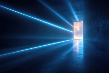 Poster - Blue Neon Lights Illuminating a Concrete Room with an Open Doorway to a Cloudy Sky