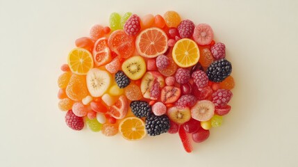 Poster - Colorful gummy candies and fruit slices arranged in the shape of a human brain on a white background represent the concept of sugar consumption effects on cognitive functions and overall health