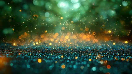 Poster - Abstract green background with glowing orange bokeh particles, creating a magical, festive atmosphere