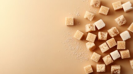 Aufkleber - Brown sugar cubes are scattered on a beige background, creating a diagonal composition with copy space, ideal for promoting sugar reduction, no added sugar, or a low sugar lifestyle