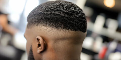 Close-up of a freshly trimmed fade haircut in a modern barber setting