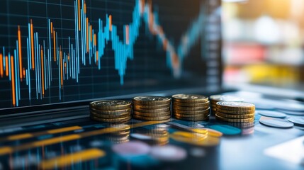 Wall Mural - Stacks of coins in front of stock market graph on screen