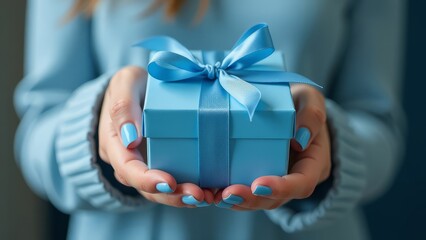 Close-up photo of girl's hands in blue sweater with blue manicure holding blue gift box