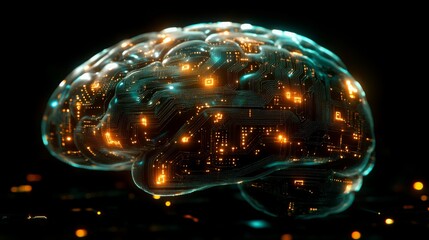 Aufkleber - Digital circuit brain silhouette illuminated with glowing lights against a dark background